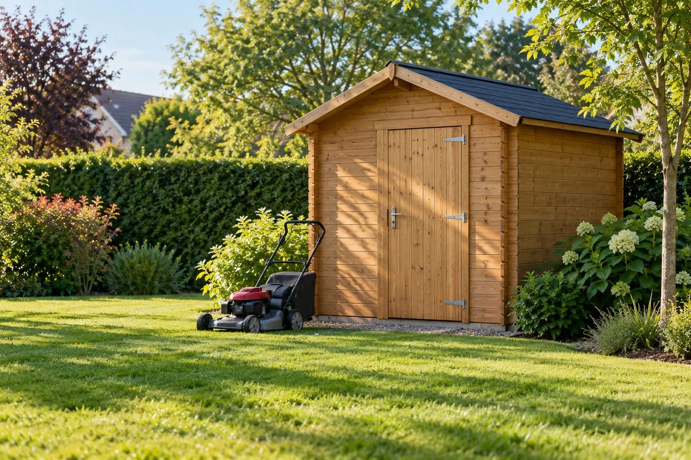 Abri de jardin en bois clos et couvert installé au fond d'un jardin de maison individuelle