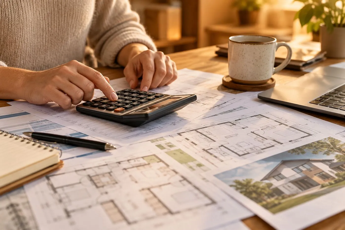 Mains utilisant une calculatrice au-dessus de documents fiscaux et de plans pour estimer la taxe d'une maison neuve