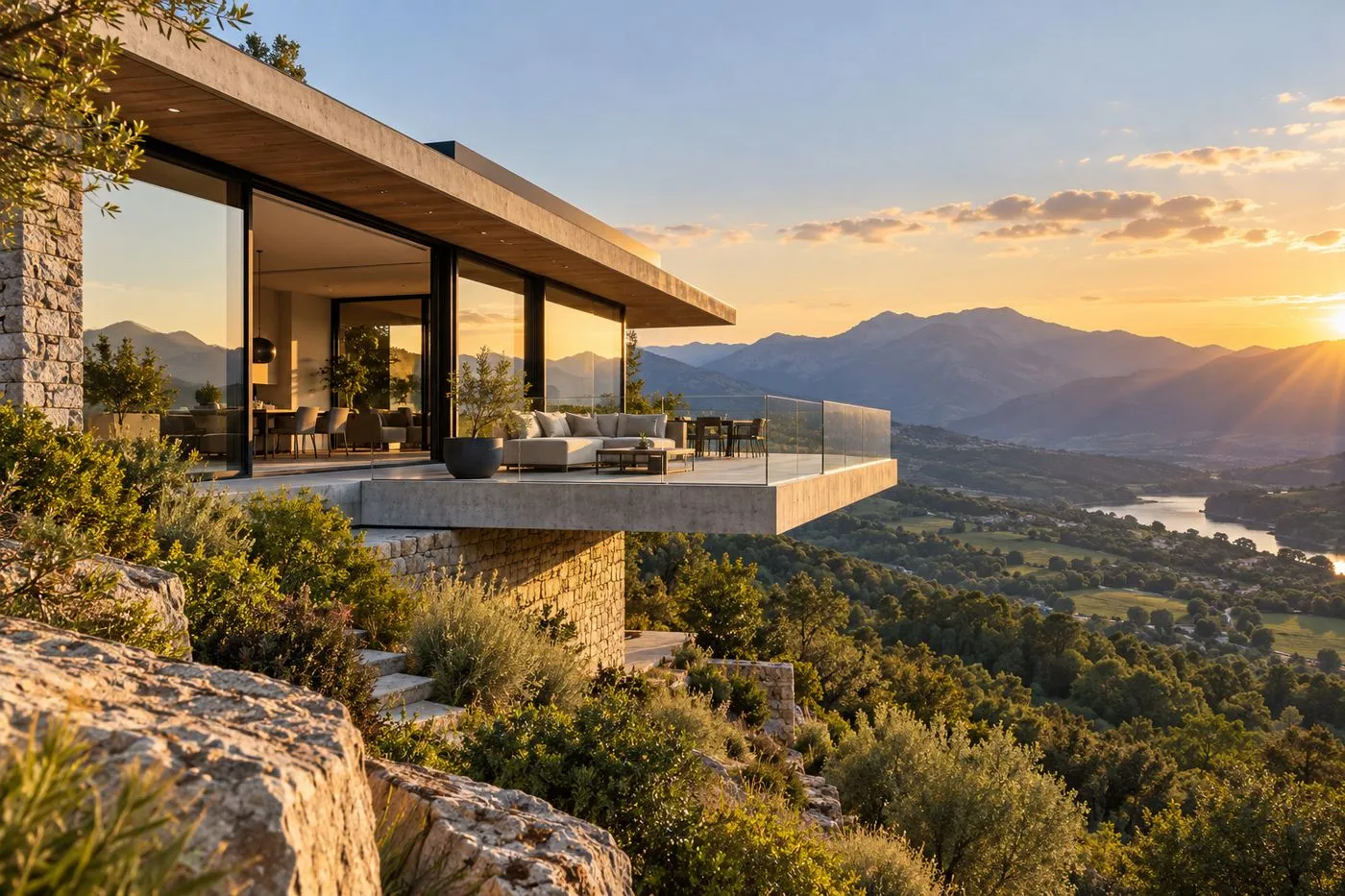 Maison contemporaine construite à flanc de colline sur un terrain en pente avec vue dégagée sur la vallée
