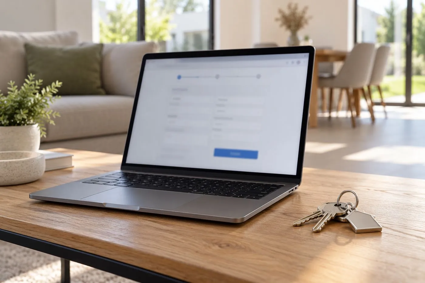 Ordinateur portable ouvert sur un espace en ligne des impôts, à côté de clés de maison neuve
