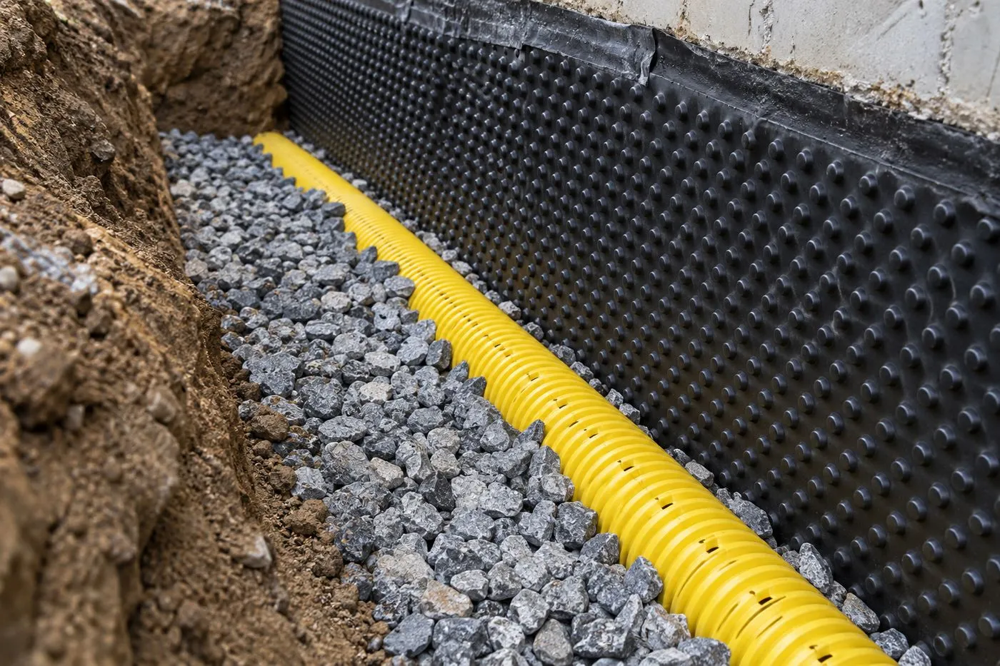 Drain périphérique posé au pied d'un mur enterré de maison, avec gravier et membrane d'étanchéité