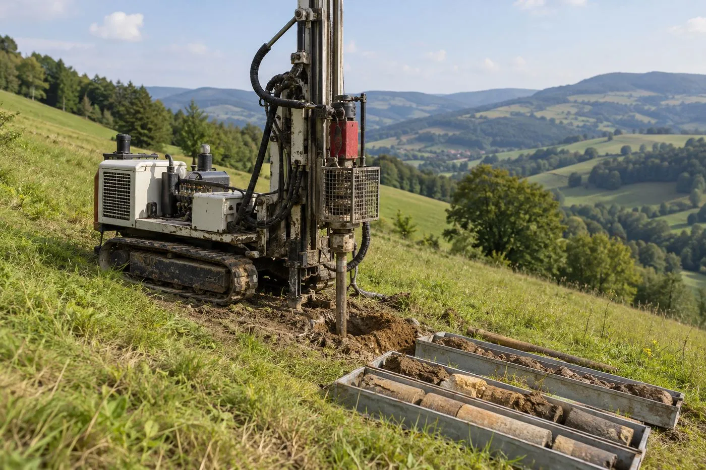 Foreuse d'étude géotechnique réalisant un sondage de sol sur un terrain en pente avant construction