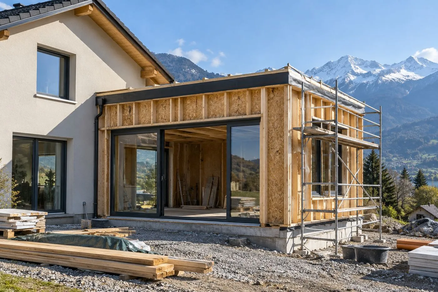 Extension contemporaine en bois en cours de construction accolée à une maison existante