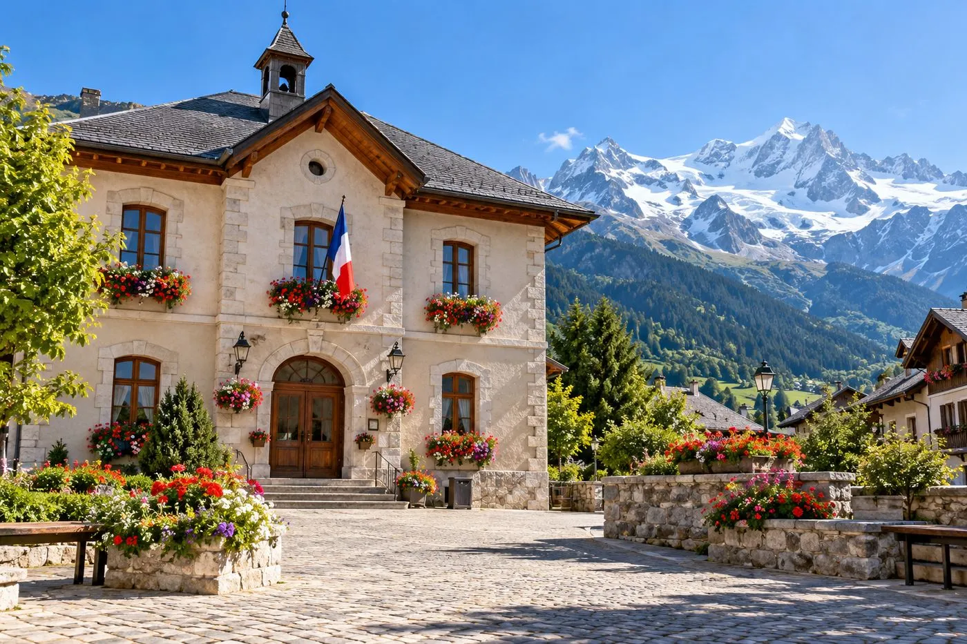 Façade d'une mairie de village de Haute-Savoie avec les montagnes en arrière-plan