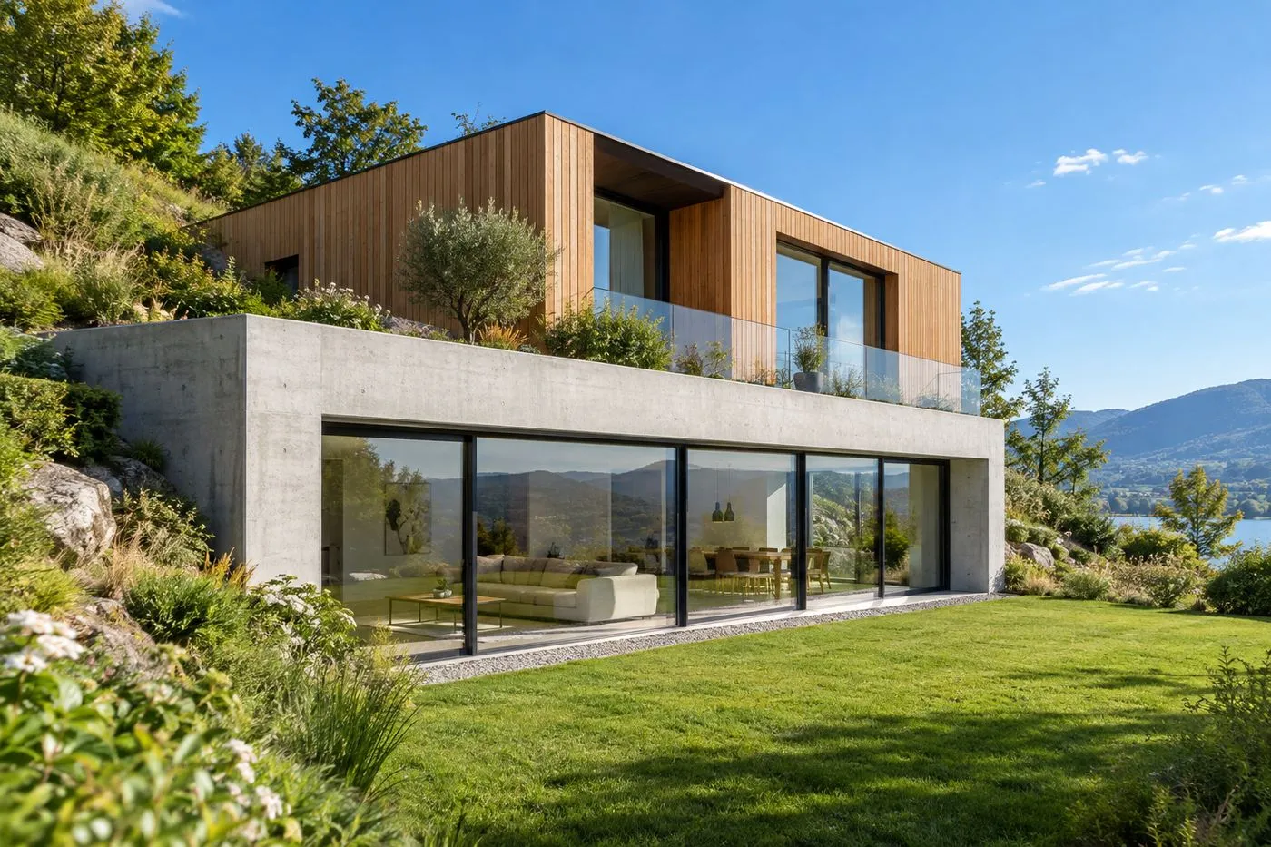 Maison semi-enterrée encastrée dans la pente, avec niveau bas ouvert sur le jardin côté aval