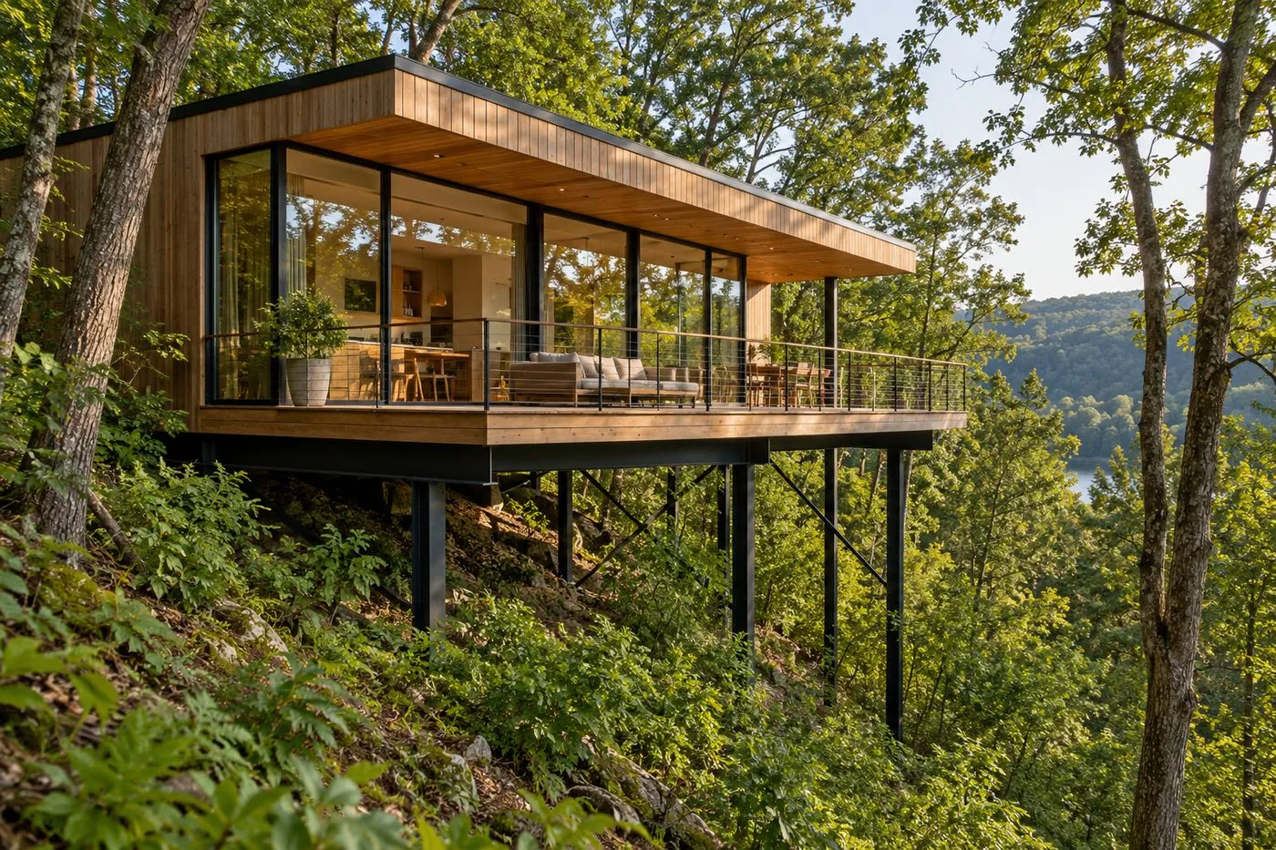 Maison à ossature bois construite sur pilotis au-dessus d'un terrain en forte pente boisé