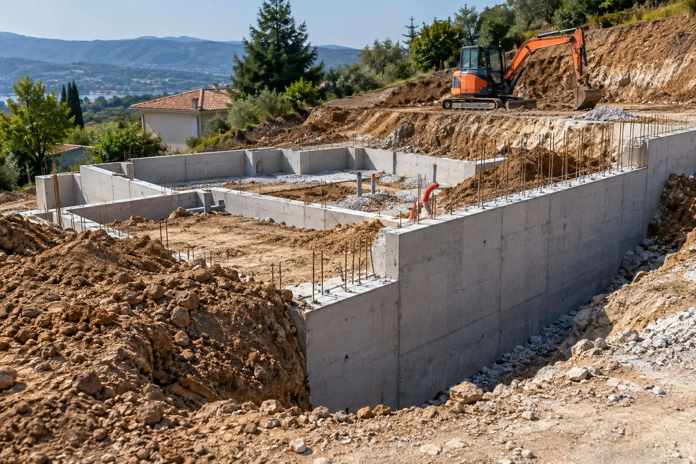 Chantier de terrassement avec mur de soutènement en béton sur un terrain en pente