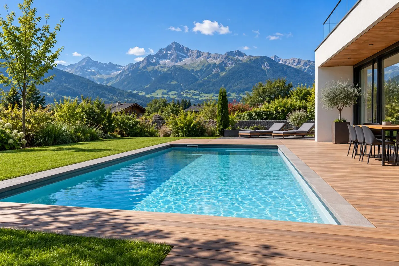 Piscine enterrée dans le jardin d'une maison neuve avec vue sur les montagnes de Haute-Savoie