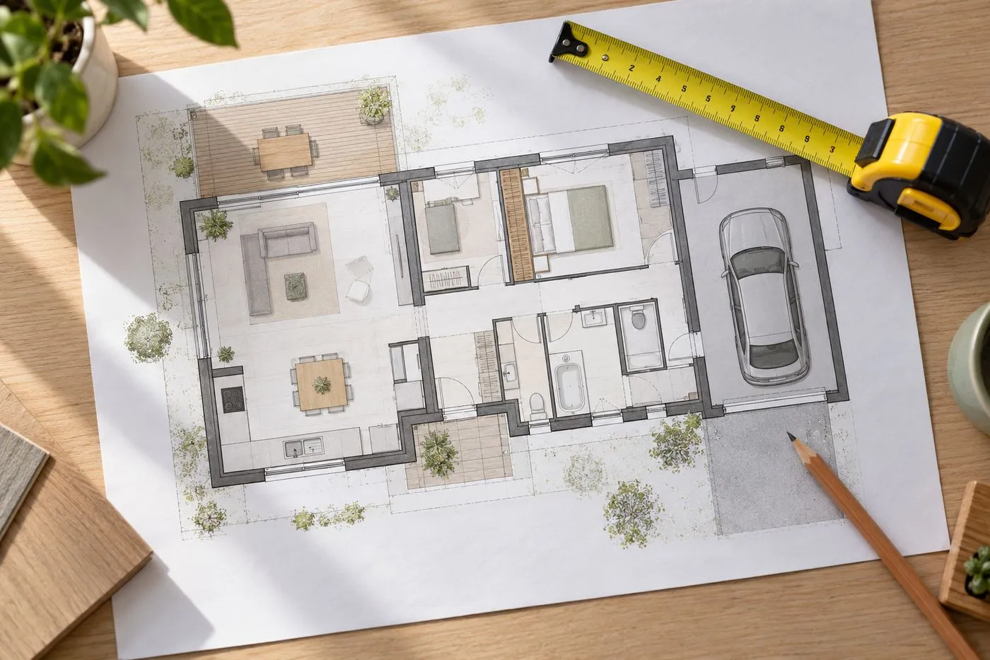 Plan d'une maison individuelle avec garage accolé, mètre ruban et crayon posés sur le plan
