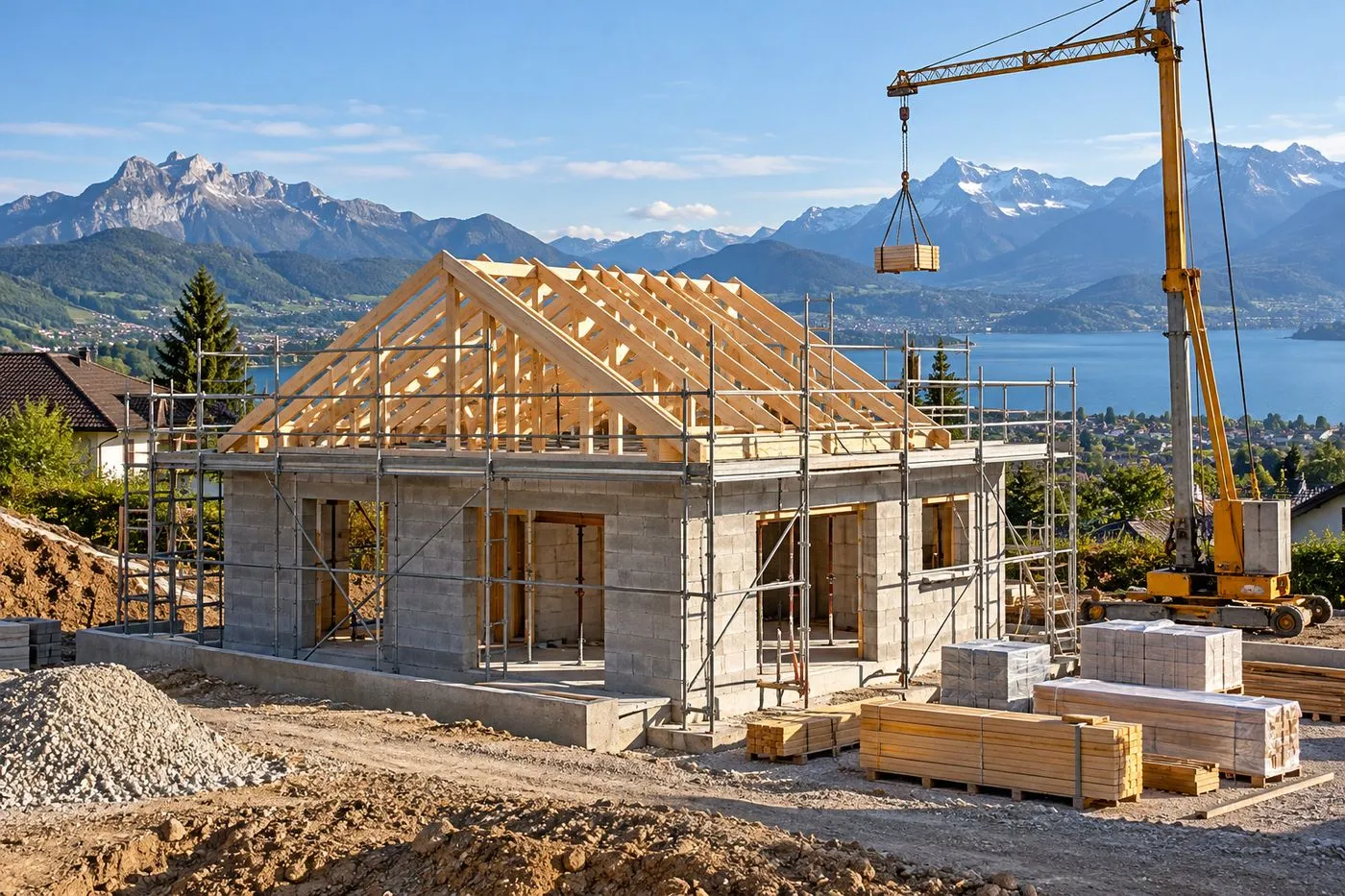 Chantier de construction d'une maison individuelle neuve près d'Annecy