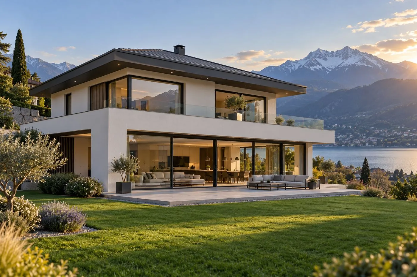 Maison contemporaine blanche aux grandes baies vitrées, avec vue sur le lac et les montagnes