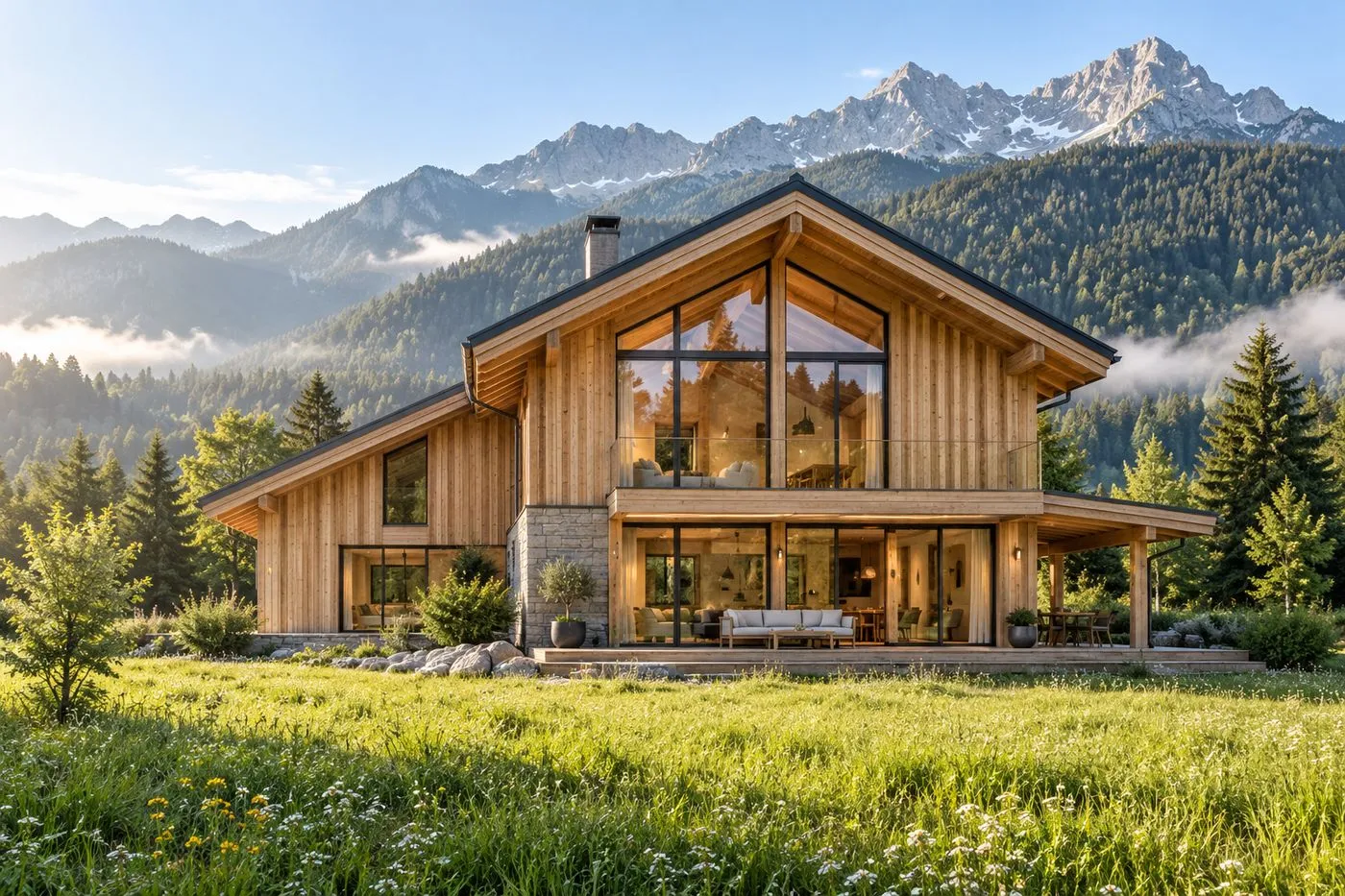 Maison à ossature bois avec bardage en mélèze dans une prairie de montagne