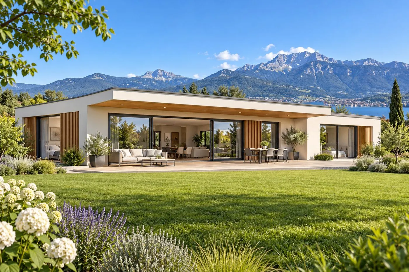Villa contemporaine de plain-pied ouverte sur un jardin, face aux montagnes