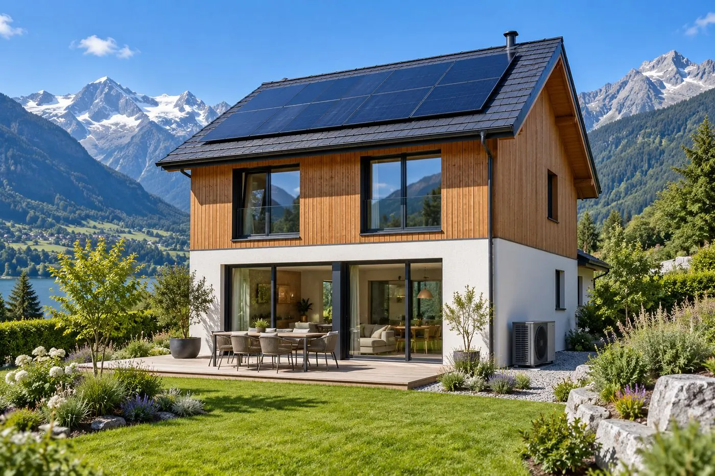 Maison neuve basse consommation avec panneaux solaires et pompe à chaleur face aux Alpes