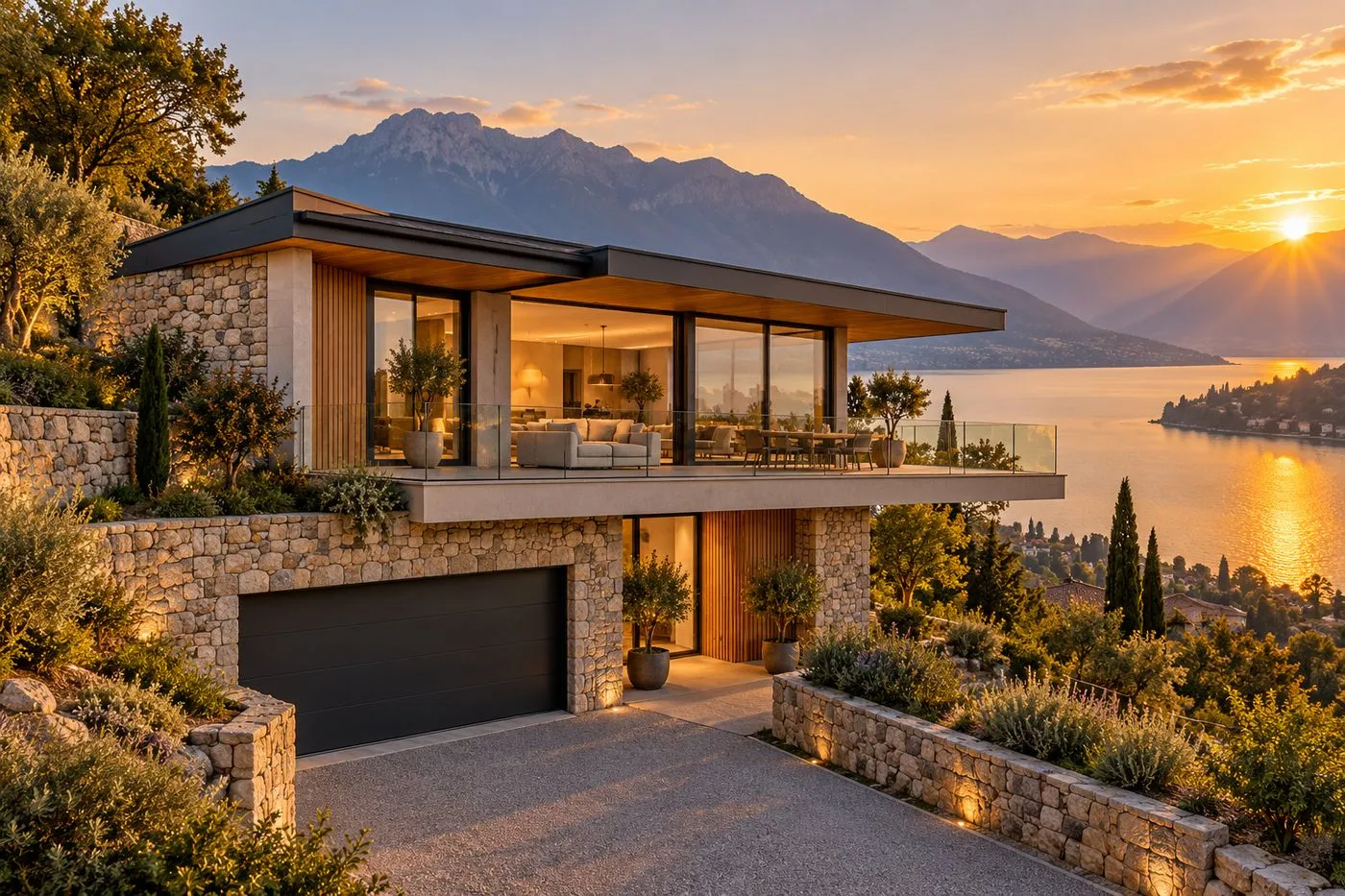 Maison à étage construite sur un terrain en pente au-dessus d'un lac, au coucher du soleil