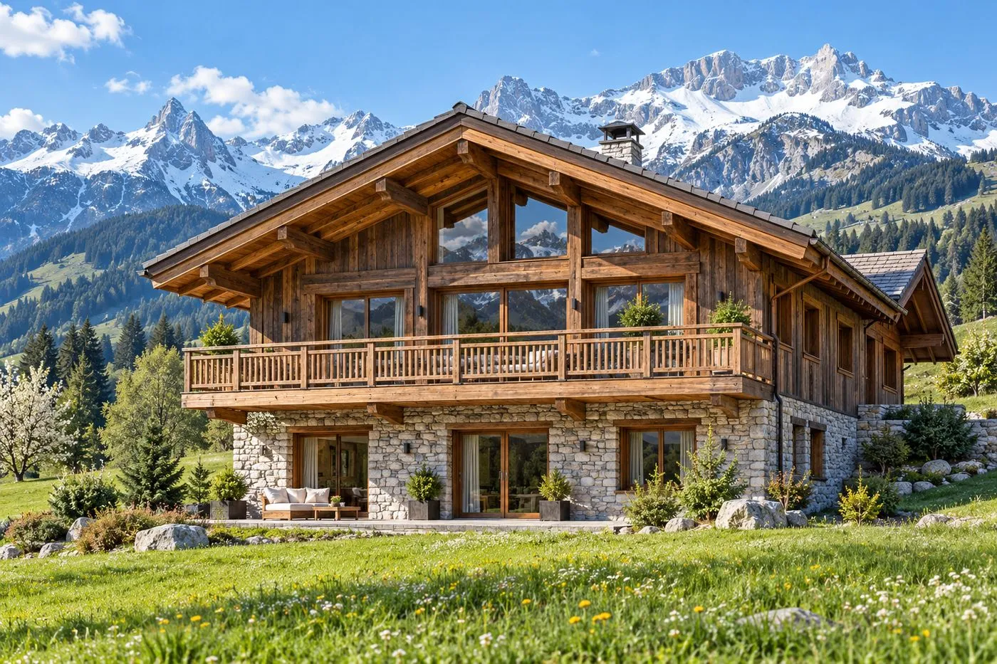 Chalet savoyard en bois et pierre face aux sommets enneigés