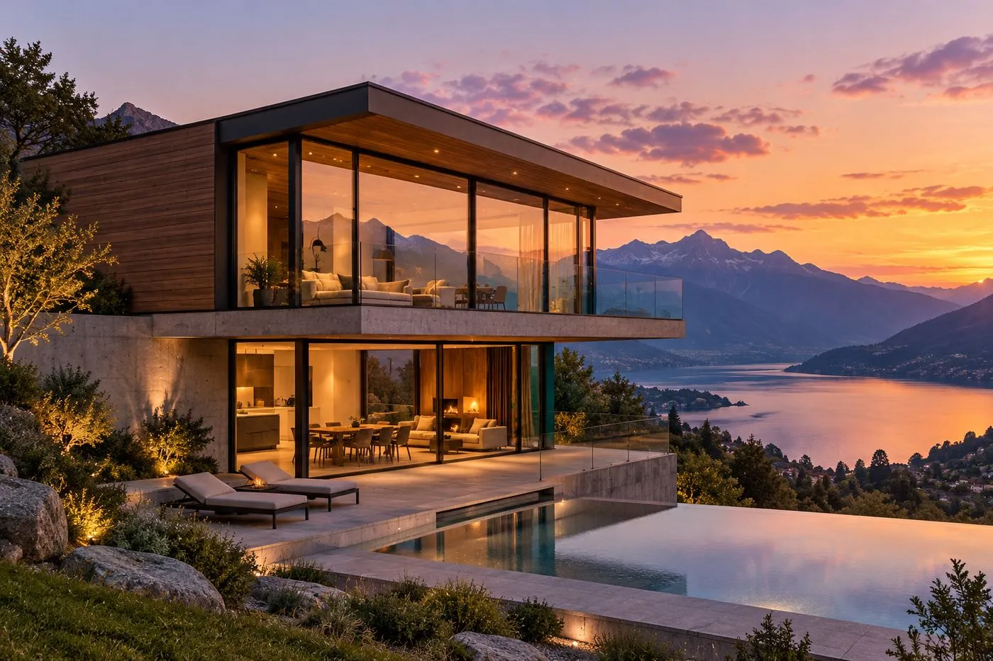 Maison contemporaine aux grandes baies vitrées face aux montagnes près d'Annecy
